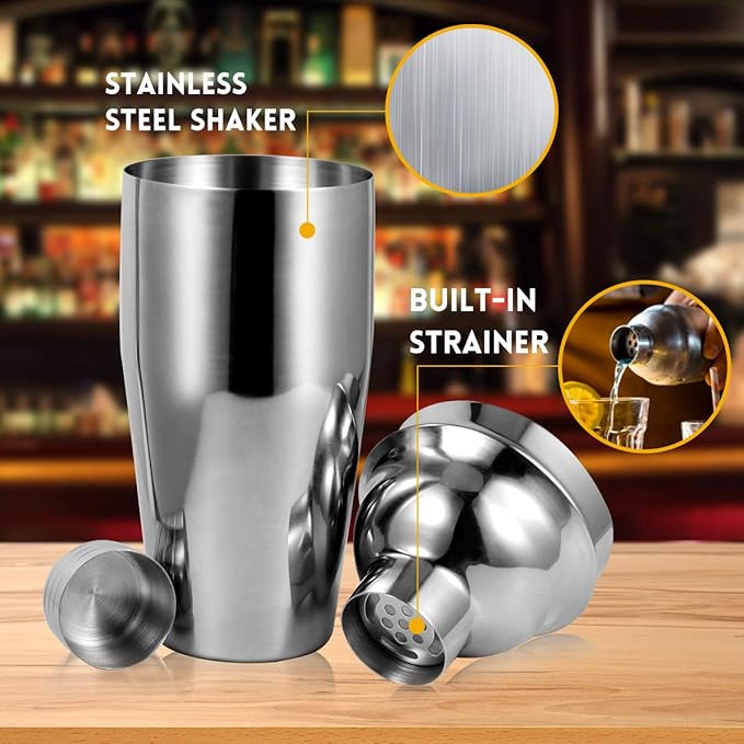 12-Piece Cocktail Shaker Set with Stand – 25oz Bartender Kit Including Shaker Jigger Muddler Bar Spoon Strainer Tongs 4 Pourers & Opener – Gift Box for Home Entertaining
