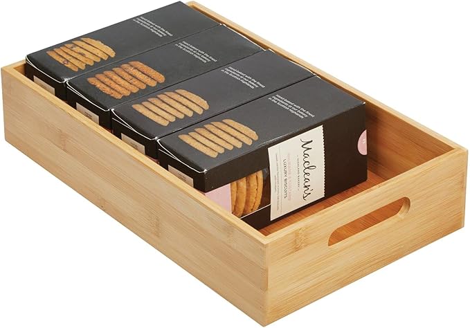 mDesign Kitchen Storage Box – Open-Top Bamboo Storage Tray with Handles – Versatile Cupboard Organiser for Shelves, Pantries, Surfaces and Cupboards – Natural