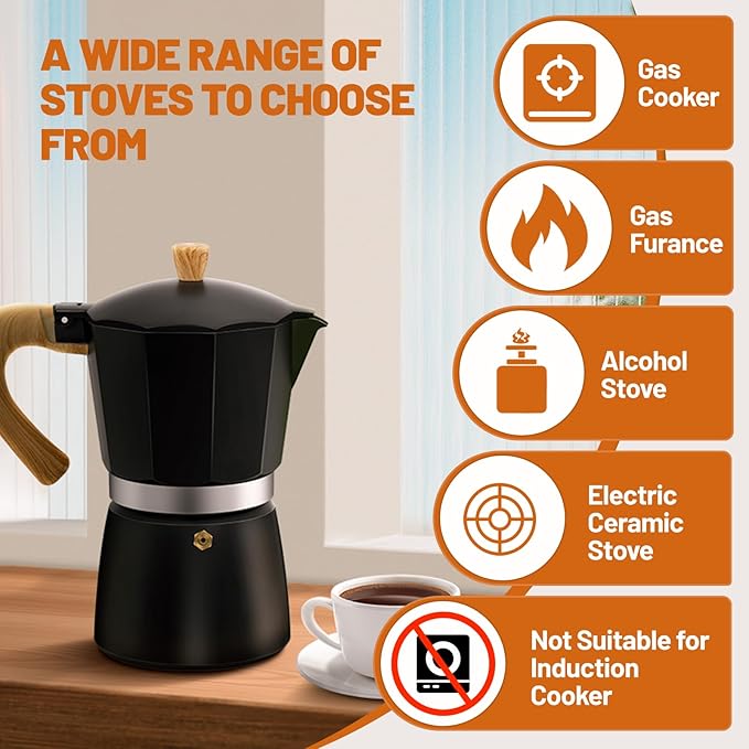 3 Cup Aluminum Espresso Stovetop Moka Pot Express Coffee Maker Percolator Italian Classic Mocha Coffee Machine for Italian and Cuban Cafe Brewing for Home & Camping 150ml 5oz