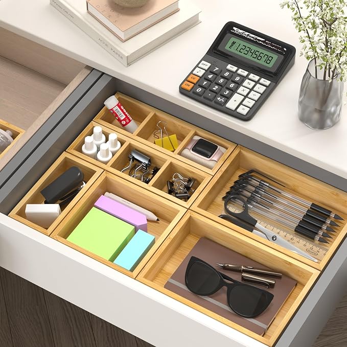 Bamboo Drawer Organizer, Set of 9 Wood Kitchen Junk Tea Desk Office Tray, Wooden Storage Boxes Organizers for Bathroom, Office (2" H 9 Boxes)