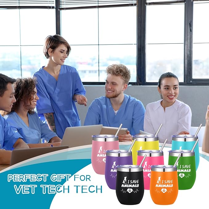 Sliner 8 Pcs Vet Receptionist Week Tumbler with Lid 12oz Stainless Steel Veterinarian Wine Cups for Veterinary Technologists Animal Rescue Volunteers Staff Coworker Gift