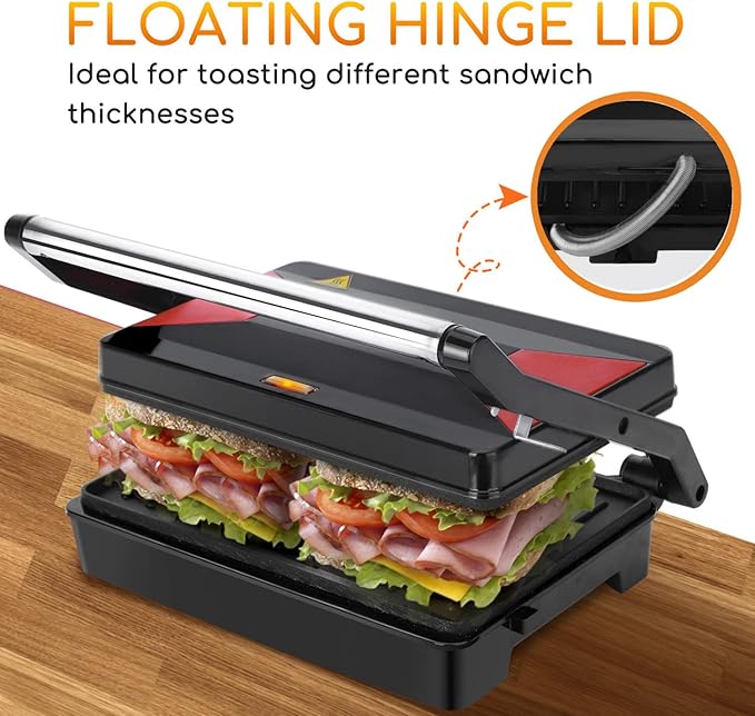 Panini Press Sandwich Maker, Aigostar 1000W Sandwich Press Grill with Non-Stick Coated Plates, Indicator Light, Locking Lid, Cool Touch Handle, Panini Maker Panini Press Grill Easy to Storage & Clean