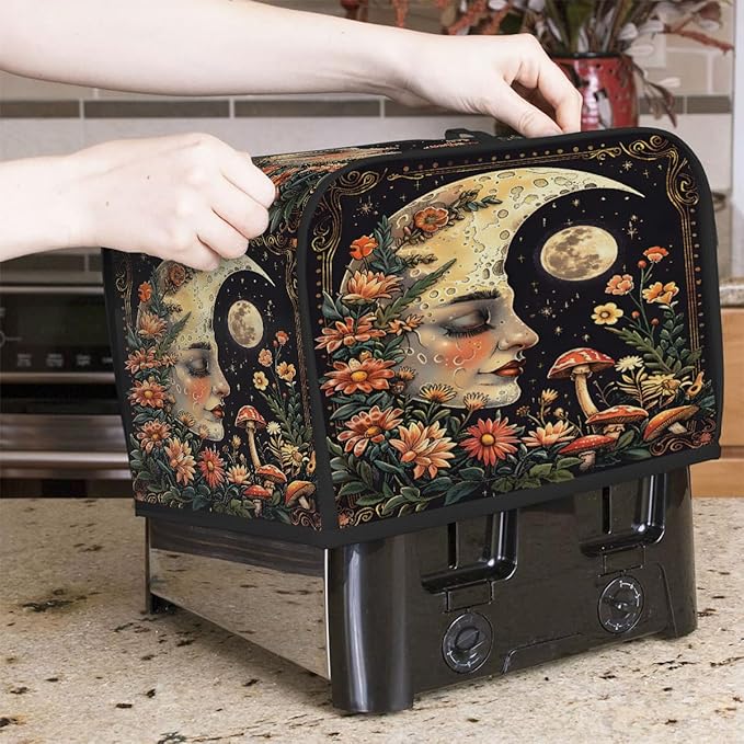 Flowers Moon Mushroom Face Toaster Cover 2 Slice Dust and Fingerprint Protection Toaster Bread Maker Covers Washable Kitchen Small Appliance Covers for Kitchen Accessories Decor Bakeware Women Gift