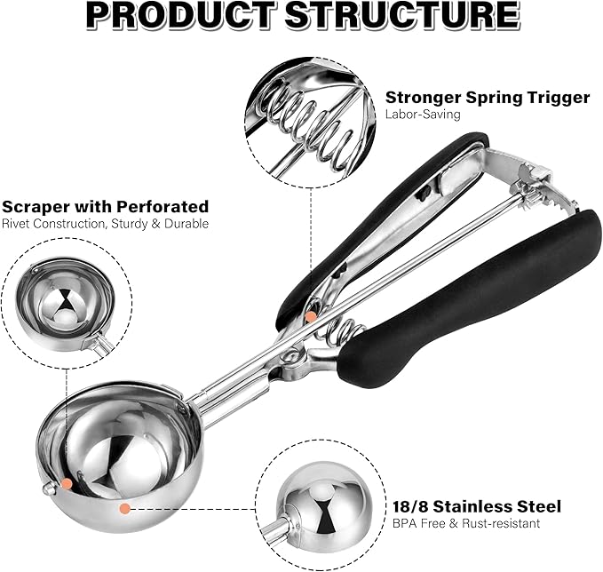 Large Cookie Scoop 3 Tbsp, Professional Stainless Steel Ice Cream Scoop 50mm, Cupcake Scoop Muffin Scoop for Baking, Good Soft Grips, Quick Trigger Release, 45ml (3 Tablespoon)