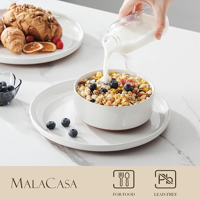MALACASA Plates and Bowls Sets, 24 Pieces Modern Ceramic Dinnerware Set for 8 Kitchen Stoneware Dishes Dishware Set Microwave and Dishwasher Safe, White, Series TARA