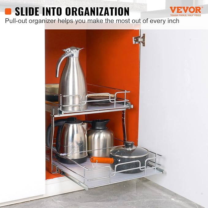 VEVOR 2 Tier 17"Wx21.2"Dx15.2"H Pull Out Cabinet Organizer, Heavy Duty Slide Out Pantry Shelves, Steel Roll Out Drawers, Sliding Drawer Storage for Home, 18.5"Wx22.5"Dx19"H Install Size for Cabinet