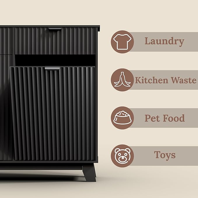 Double Tilt Out Laundry Hamper Cabinet, 20 Gallon Wooden Trash Can Cabinet with Drawers, Hidden Fluted Bathroom Storage Cabinet for Kitchen, Living Room (Black, 39.34" W x 35.83" H x 13" D)