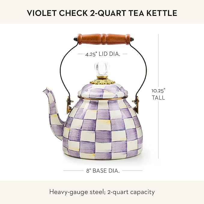 MACKENZIE-CHILDS Enamel Tea Kettle, Decorative Tea Kettle for Stovetop, 2 Quarts, Purple-and-White Violet Check