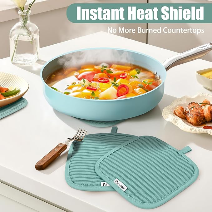 Oven Mitts and Pot Holder Sets with Silicone Grip, 500°F Heat Resistant-6 Pack Dishcloth/Dish Towels for Kitchen 100% Cotton-Value Kitchen Essentials for Cooking, Baking, Grilling-Mint Green