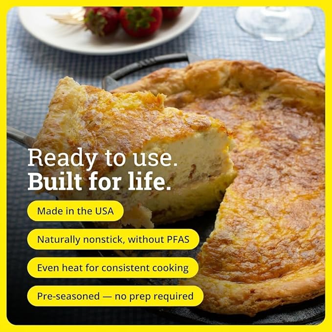 Lodge 9 Inch Cast Iron Pie Pan - PFAS-Free Pre-Seasoned Bakeware for Flaky Crusts, Deep Dish Pies, and Quiches - Dual Handle Design - Made in the USA