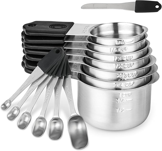 Magnetic Measuring Cups and Spoons Set 14, Stainless Steel Measuring Cups and Spoons Set, Heavy Duty Metric Measuring cups & Spoons with Leveler for Baking & Cooking, Black