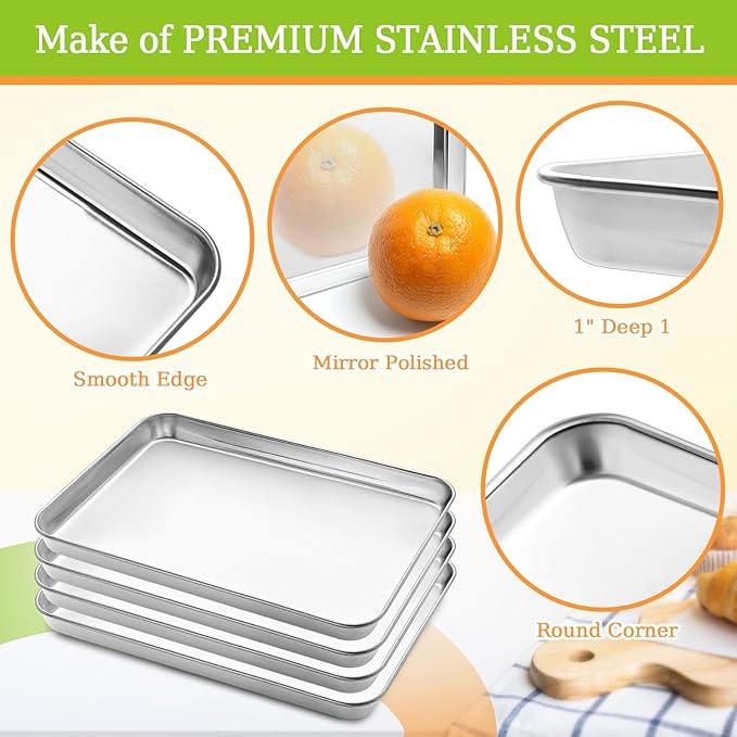 4 Pieces Baking Sheet Pan Tray, CEKEE Stainless Steel Small Cookie Sheets for Baking, Baking Sheets for Oven, Warp Resistant & Heavy Duty & Rust Free Baking Pans Set - Size 9.3 x 6.9 x 0.98 Inch