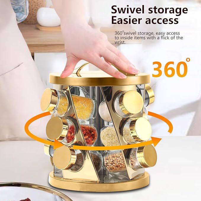 Portable Stainless Steel Spice Rack with 12 Spice Jars Included Revolving Spice Organizer for Kitchen Tower Storage Rack for Spices and Seasoning Gold
