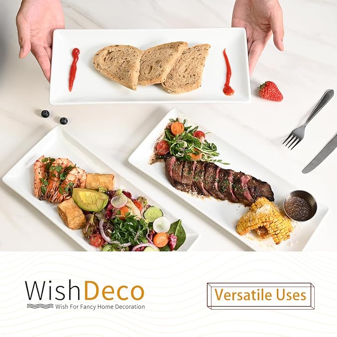 WishDeco Serving Platters Set of 3, Large Serving Trays 14 inch, White Serving Plates, Ceramic Rectangle Plate, Long Platter for Cake, Sushi, Steak, Dessert, Buffet