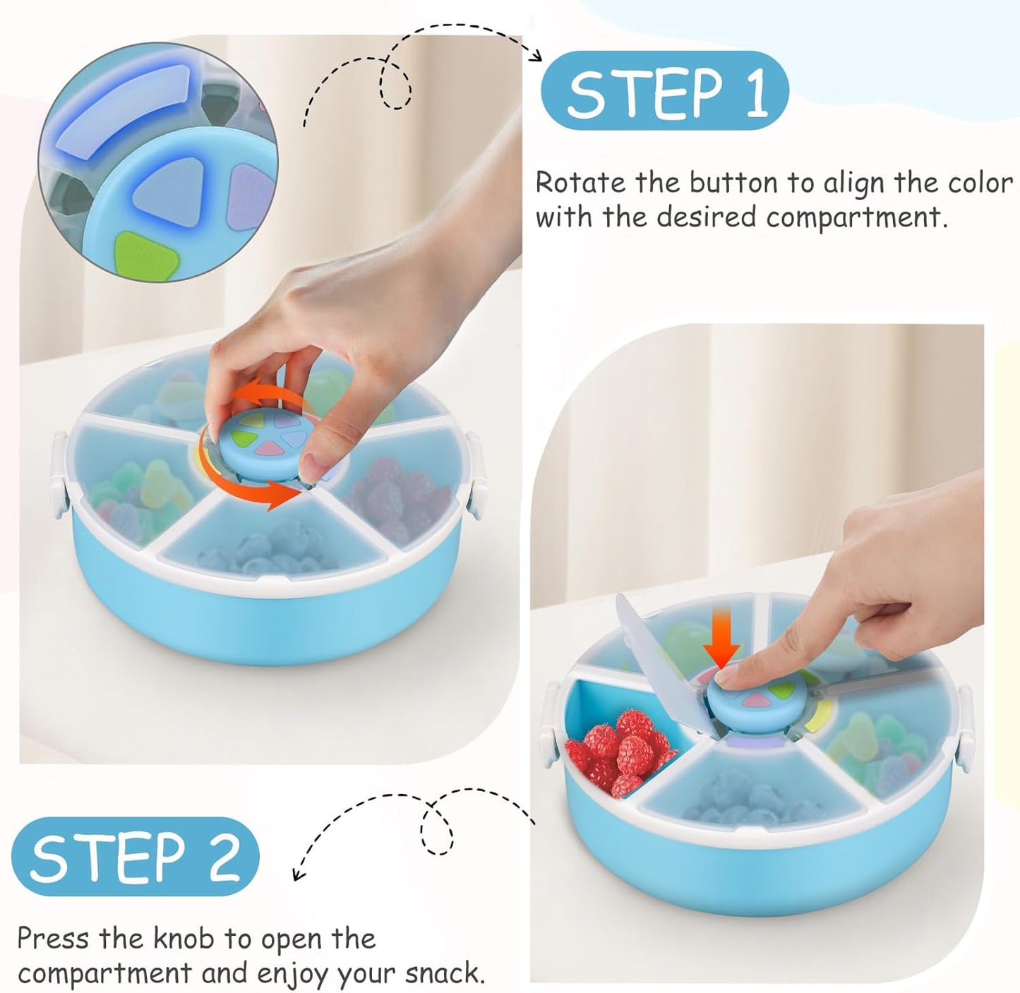 Kids Snack Spinner – Reusable Snack Container with 5 Compartments & Lid, BPA/PVC-Free, Dishwasher Safe, Perfect for Travel, School Lunches & On-the-Go Snacking, Blue