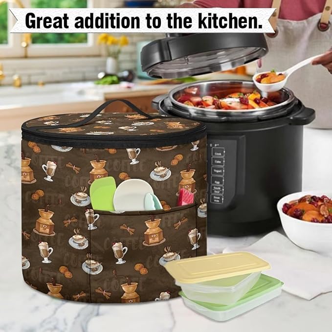 Coffee Print Electric Pressure Cooker Storage Bag Insulated Cloth Cover Electric Pressure Cooker Bag Insulation Bag with Front Pocket