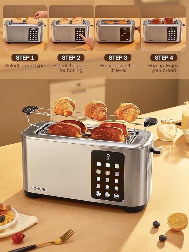 4 Slice Toaster Touch Screen Control, Long Extra Wide Slots Smart Bread Toaster, 6 Bread Types & 6 Shade Settings, Stainless Steel Toaster, with Removable Tray, Cancel/Defrost/Reheat Function, Sliver