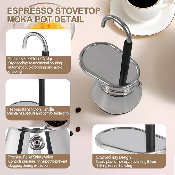 Uncoated 4 Cup Single Tube Moka Pot 304 Thickened Stainless Steel Mini Coffee Maker Stovetop Espresso Coffeemaker Italian Classic Style Brewing Greca Cafe Mocha for Camping Travel Home 310ml