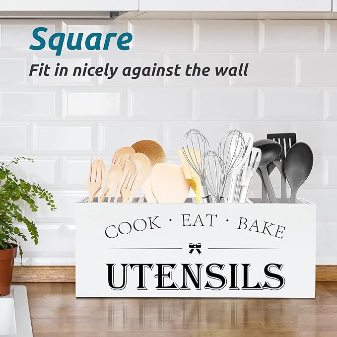 Suli Extra Large Kitchen Utensils Holder with 4 Compartments, Wooden Utensil Organizer for Countertop, Farmhouse Kitchen Decor, Rustic Cooking Utensil - White