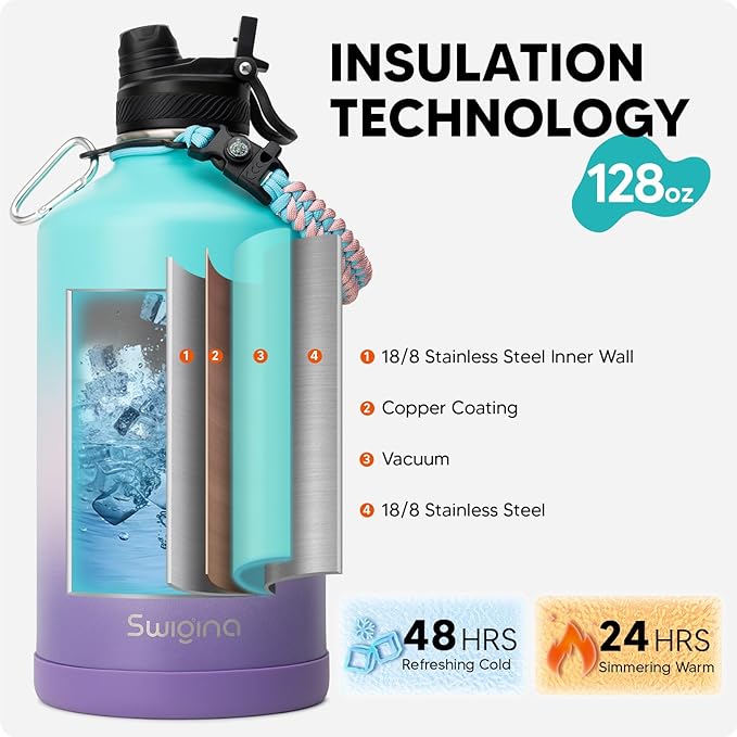 Swigina [2-IN-1 LID] Gallon Insulated Water Bottle with Silicone Boot (48hrs Cold/24hrs Hot) - DIY Stickers, Leakproof, BPA Free, 128 oz