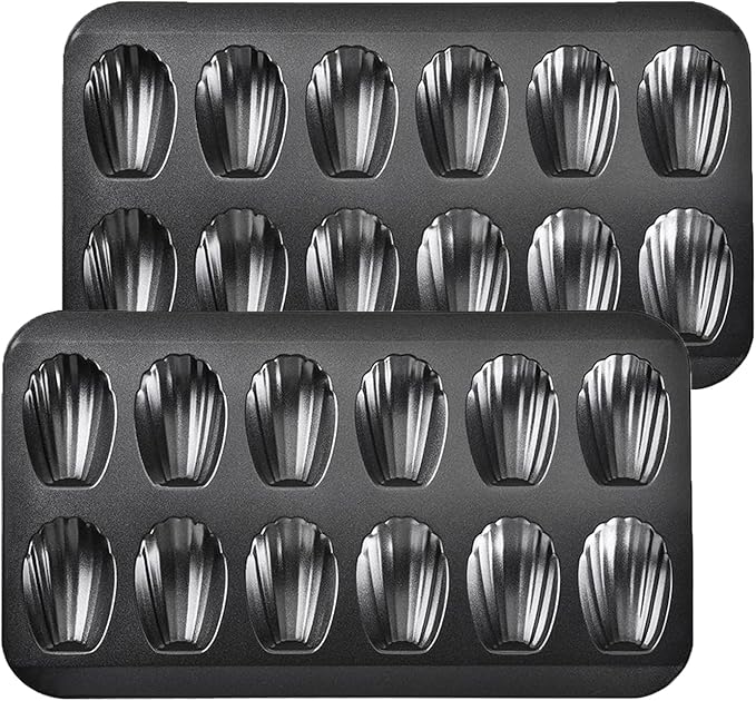 Madeleine Pans for Baking (2-Pack) 12 cup Madlen Mold Makes Shell Shape Cake Cookies Nonstick Carbon Steel Madeline Tray for Oven Black