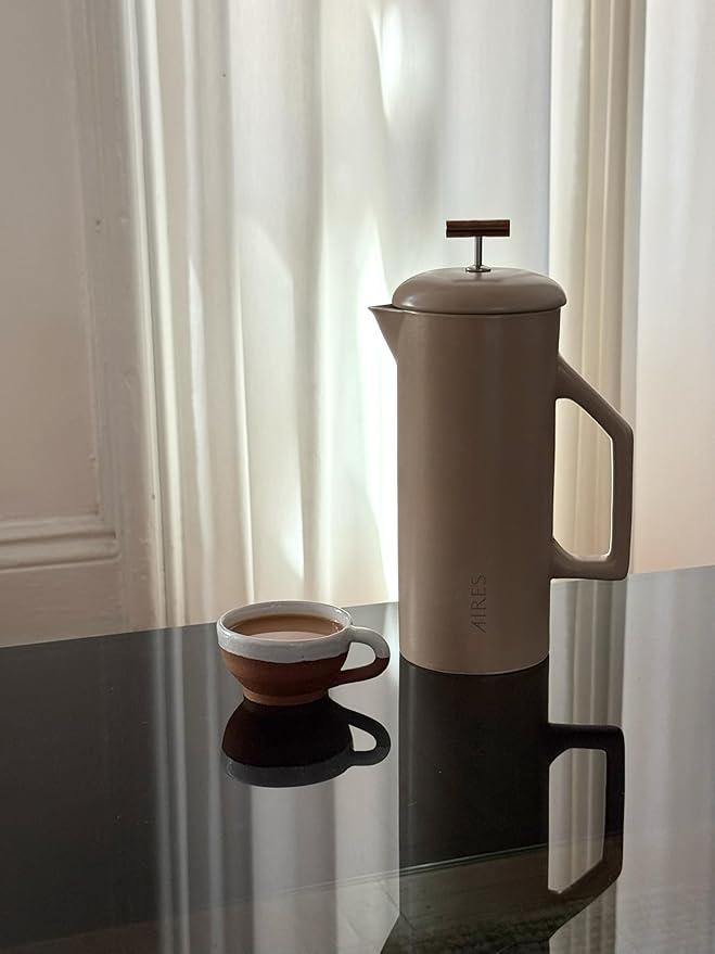 AIRES Ceramic French Press Coffee Maker – 34 oz Heat-Retaining Stoneware – Elegant Neutral Color – Inspired by Buenos Aires Coffee Culture – Gift-Ready with Barista Brewing Guide