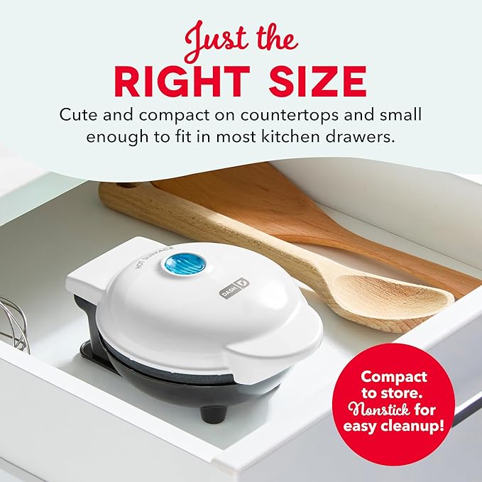 Dash Mini Waffle Maker- Compact Electric Iron for Creative Homemade Treats - PTFE nonstick surface - Easy-to-Clean - Perfect for Kids & Families - White