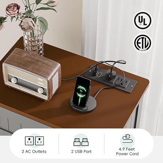 Betterhood Double Tilt Out Trash Cabinet with Power Outlet, 10 Gallon Trash Cabinet with Storage,Pet Proof Trash Can with 2 AC & USB Sockets for Kitchen,Living Room (Grey, Single Door)