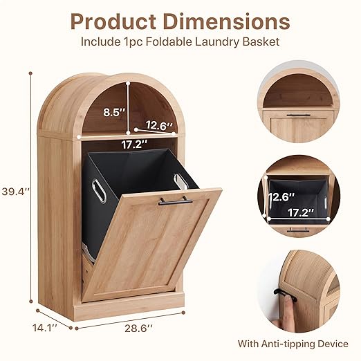 Arched Tilt-Out Trash Can Cabinet Set of 2,Laundry Hamper Cabinet with Foldable Laundry Basket,Wooden Hidden Garbage Can Cabinets with Metal Handle & Hooks,Natural