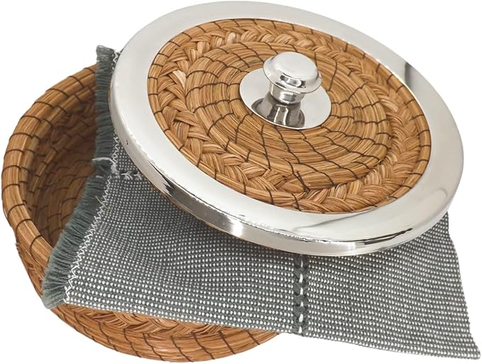 Authentic Mexican Tortilla Warmer Basket - Pine Needle Handwoven with Handloomed Cloth (8" metal Rim w cloth)