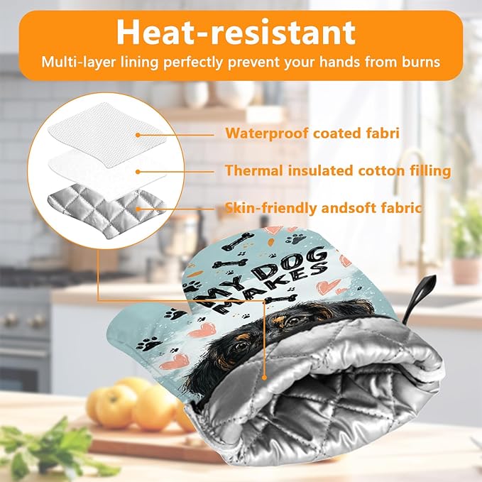 Life is Better with Dogs Oven Mitts and Pot Holders Sets 4Pcs Silicone Non-Slip Mitts Heat Resistant Gloves Hot Pads for Kitchen Cooking Baking Grilling BBQ