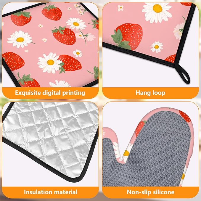Strawberry Flowers Oven Mitts and Pot Holders Sets 4Pcs Silicone Non-Slip Mitts Heat Resistant Gloves Hot Pads for Kitchen Cooking Baking Grilling BBQ