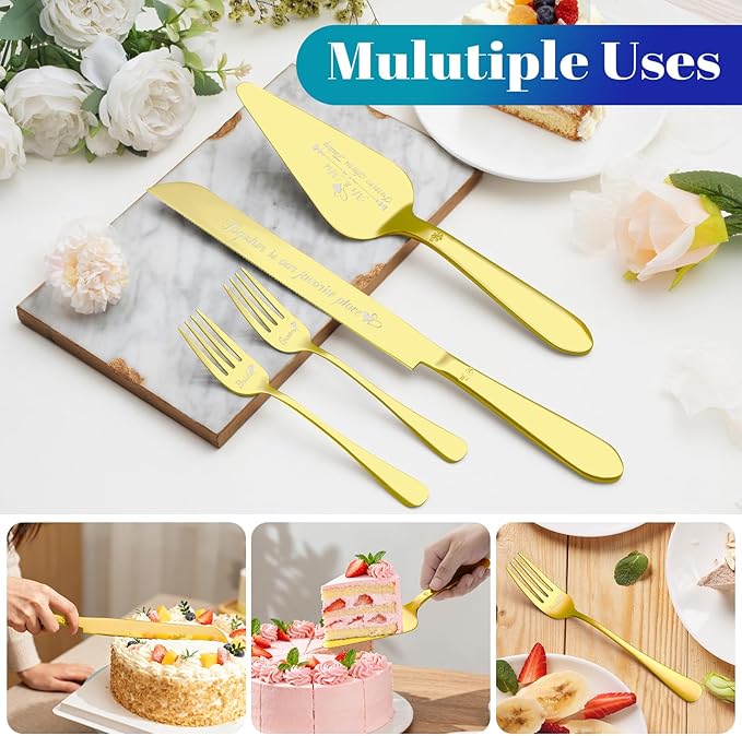 Eisinly Cake Cutting Set for Wedding, Elegant Cake Knife and Server Set with Stainless Steel Forks, Cake Cutter and Pie Spatula for Couples Wedding Registry, Engagements, Anniversary, 4 Pcs, Gold