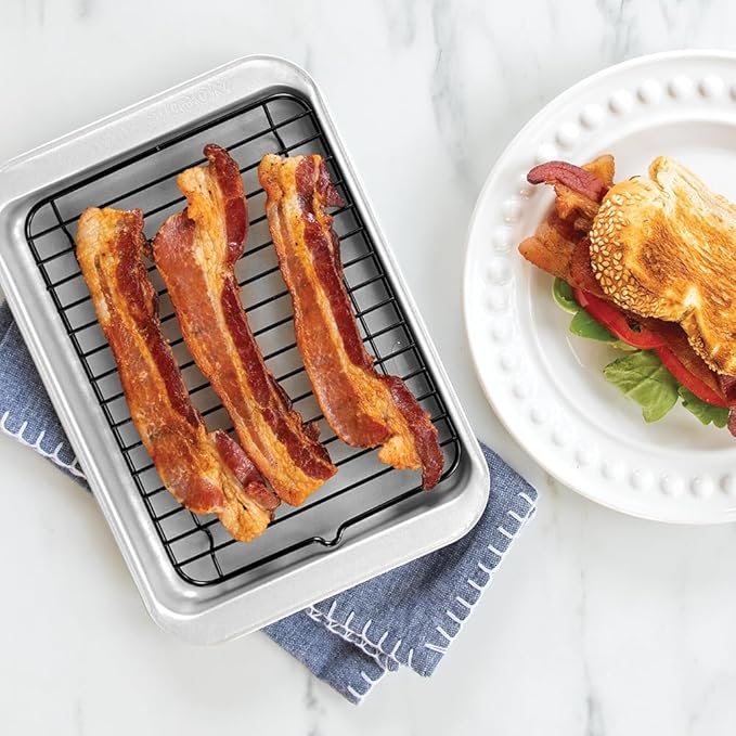 Nordic Ware Naturals 2 Piece Compact Pan Set, Toaster Oven, Counter Ovens, Air Fryer and Broiler Safe, Personal Size for 1-2 Portions - Includes Compact Baking Sheet with Broiling Rack