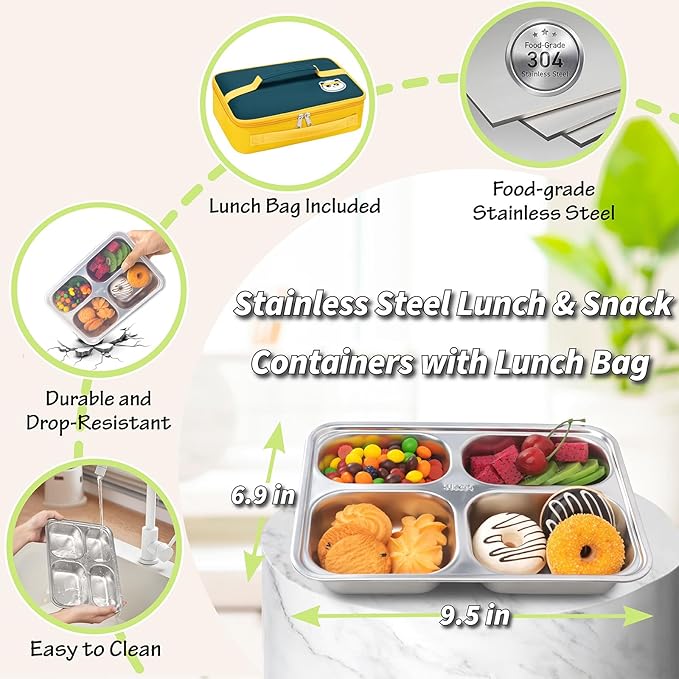 KTKUDY 3 Pack Stainless Steel Snack & Lunch Containers for Kids & Adults - with Plastic Lids & Lunch Bag - 4 Compartments Metal Bento Lunch Box - Meal Prep Containers - Toddler & Kids Plates