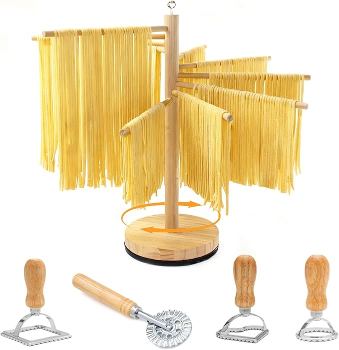Rotary Pasta Drying Rack,Detachable Wood Pasta Rack with Pasta Molds & Stamps Ravioli with Pasta Cutter Wheel (4 pcs),Spaghetti Pasta Dryer Rack Collapsible Noodle Drying Rack Hanger Stand