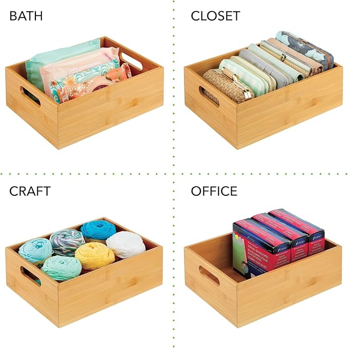 mDesign Kitchen Storage Box - Large Wooden Box with Handles - Bamboo Kitchen Utensil Storage Box - 12" x 9" x 4" - Set of 2 - Nature