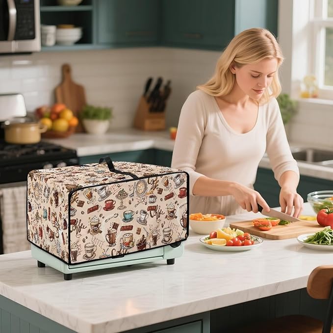Toaster Oven Dust Cover Small Kitchen Appliance Cover for Countertop Convection Ovens,Small Appliances, M, 16.5 x 20.5 x 10 inches, Coffee Chocolate Print Beige