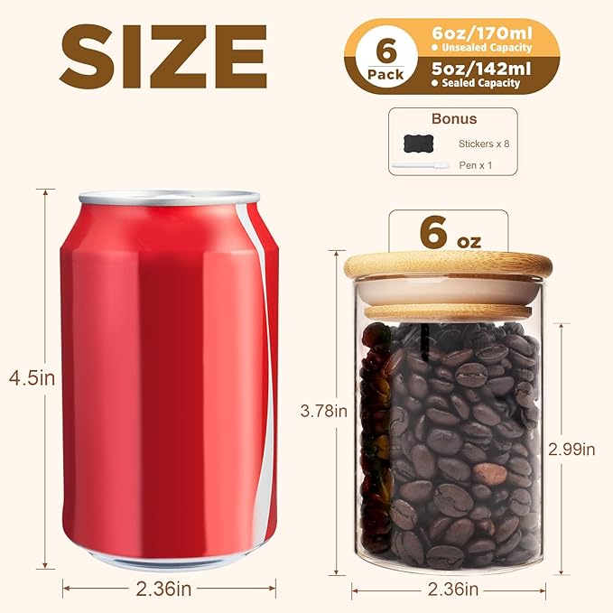 SHOWIN 6oz Glass Food Storage Jars, Glass Jars with Bamboo Lids, Kitchen Storage Jars, Set of 6, Canisters with Airtight Lids for Spice, Coffee, Cookie, Pantry Organizers