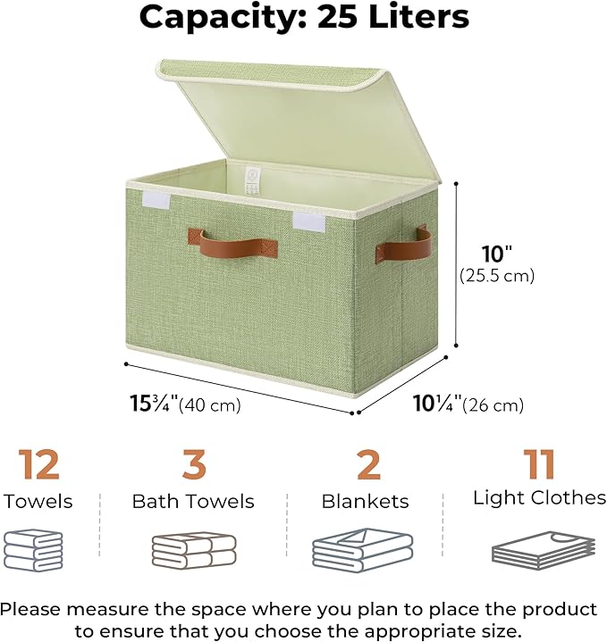 GRANNY SAYS Fabric Storage Bins with Lids, Decorative Storage Boxes with PU Handles, Keepsake Memory box, Shelf Baskets for Closet, Sage Green, Large, 2-Pack
