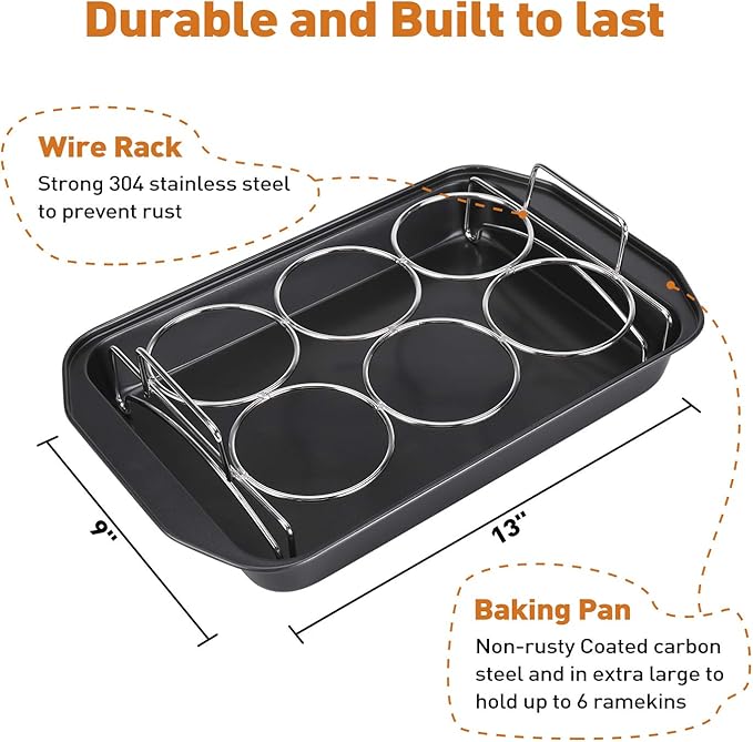 Creme Brulee Making Set - 6 Porcelain Ramekins 6 oz, 304 Stainless Steel Lifting Rack, 9" X 13" Bottom Pan