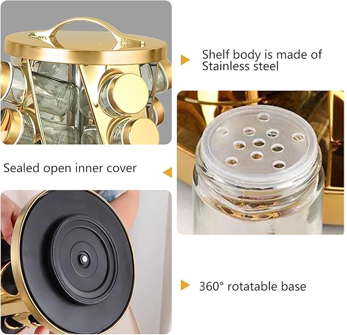 Portable Stainless Steel Spice Rack with 8 Spice Jars Included Revolving Spice Organizer for Kitchen Tower Storage Rack for Spices and Seasoning Gold