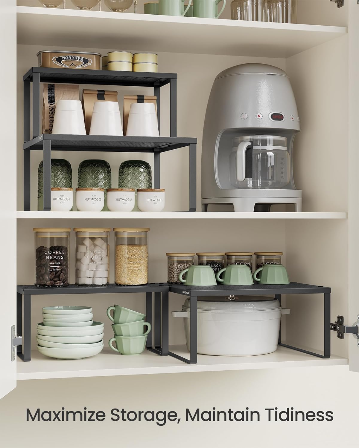 SONGMICS Spice Racks, Set of 2 Metal Cabinet Shelf Organizers, Countertop Organizers, Shelf Risers, Stackable, Expandable, Ink Black UKCS005B01