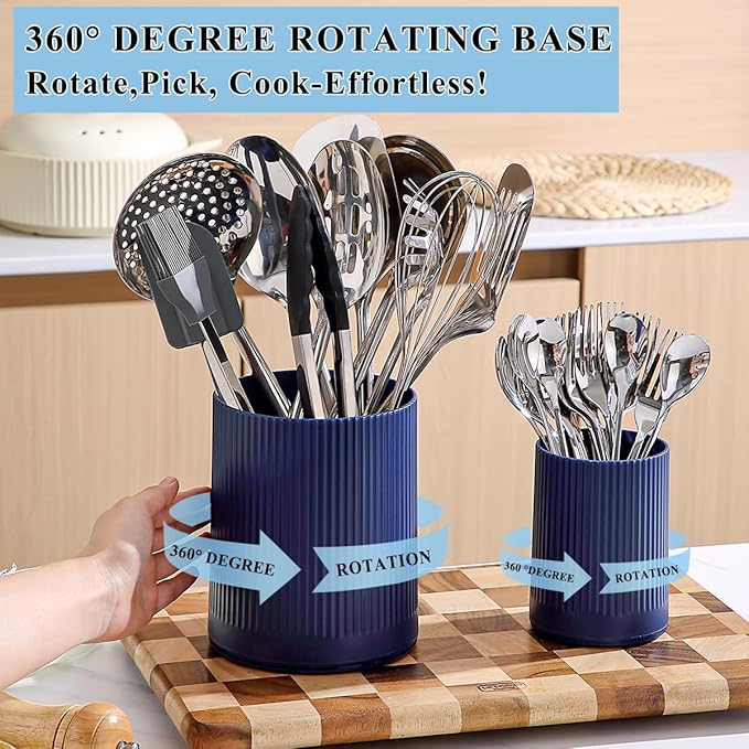 Kyraton Cooking Utensils Holder 2pcs, 360° Rotating Heavy Duty Plastic Kitchen Utensil Holder for Countertop, The Small Utensil Crock for Cutlery Silverware, Tooth Brush, Desk Pencil Pen