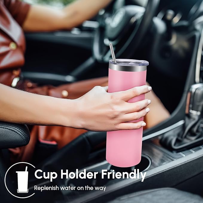 Volhoply 4 Pack Skinny Tumblers with Lid and Straw, 20oz Stainless Steel Straight Tumbler Bulk, Vacuum Insulated Coffee Mug for Home, Office, Travel, DIY (Pink,4 Pack)