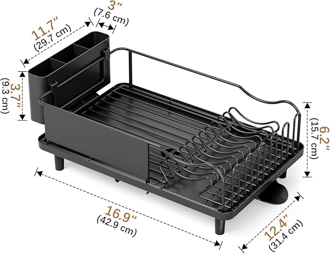 Stainless Steel Dish Drying Rack - Large Capacity Dish Rack for Kitchen Counter with Drain Board, Rustproof Dish Drainer with Drain Spout, Utensil Holder & Glass Holder, Dinnerware Organizer, Black