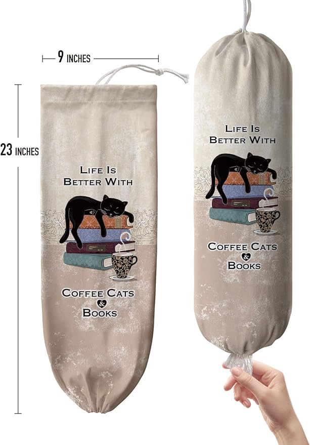 Hglian Cat Plastic Bag Holder,Cute Grocery Bag Holder Dispenser Organizer Storage,Cute Kitchen Decor Gifts for Women Coffee Cat Lover