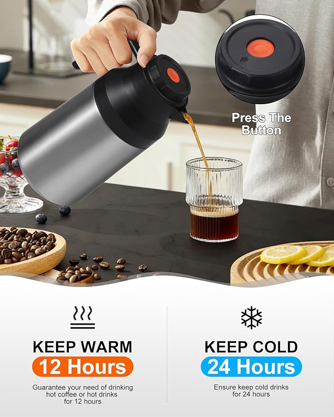 2 PCS Thermal Coffee Carafe Insulated Stainless Steel Coffee Carafe for Hot Liquid Vacuum Thermal Pot Creamer Pitcher Dispenser Keeping Hot Water Milk(Silver/Silver 68 oz)