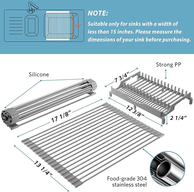 Upgraded Roll Up Dish Drying Rack(17.1” x 13.1”) Over Sink Dish Drainer Foldable Stainless Steel Trivet for Kitchen Countertop