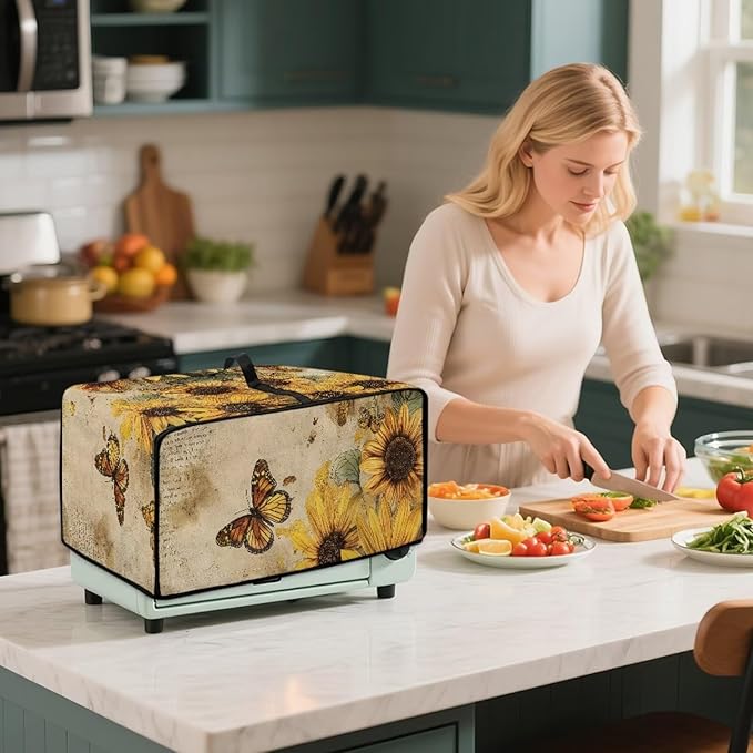 Convection Toaster Oven Cover with Pockets, Easy to Clean, Smart Microwave Baking Oven Dust Cover for Countertop, L, 18.5 x 22.5 x 13 inches, Retro Sunflower Butterfly